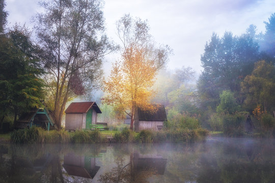 Foggy, cold morning on the fishing lake