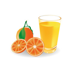 Fresh orange and glass with juice. Vector illustration.