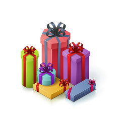 Set of gift boxes with bows and ribbons. Isometric illustration 