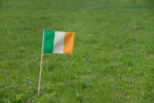 Ireland flag, Irish flag on a green grass lawn field background. National flag of Ireland waving outdoor