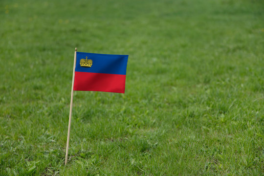 Liechtenstein flag on a green grass lawn field background. National flag of Liechtenstein waving outdoor