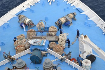  On the front deck of a cruise ship before docking maneuver