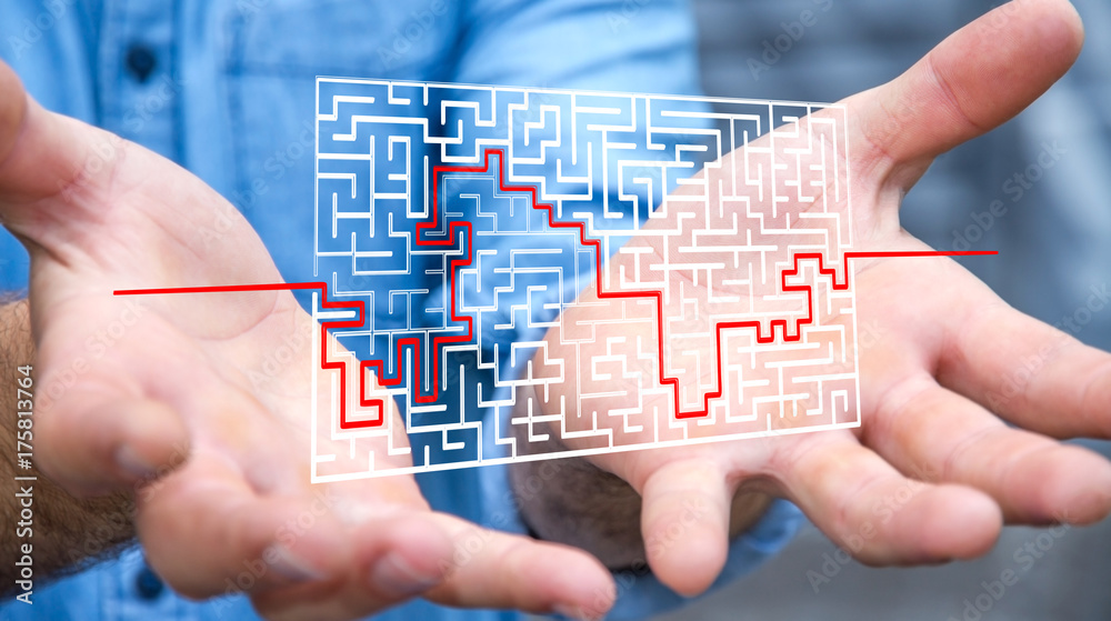 Poster businessman searching solution of a complicated maze