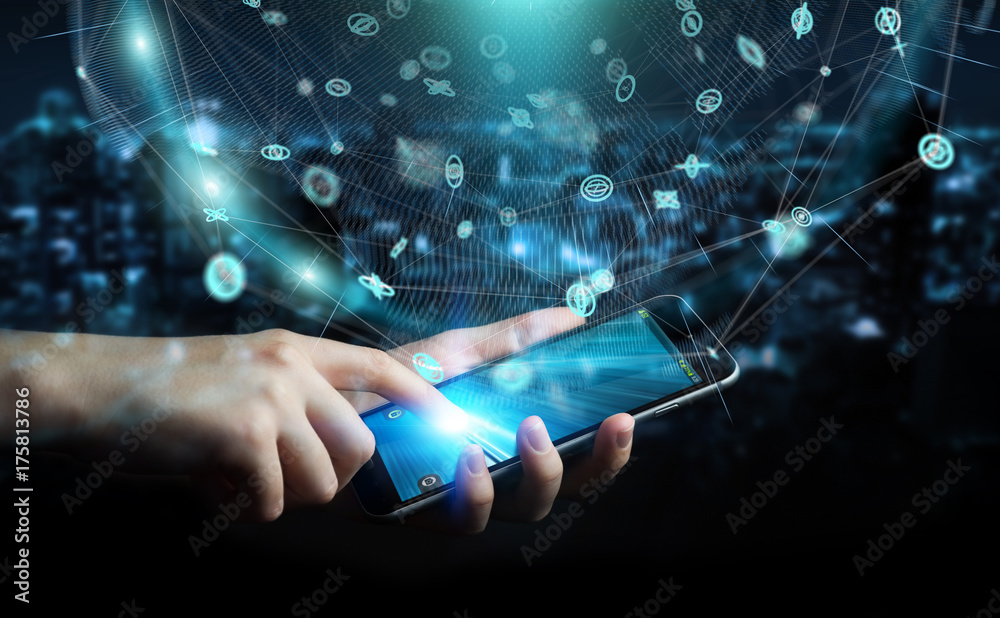Poster Businessman using holograms datas digital sphere 3D rendering