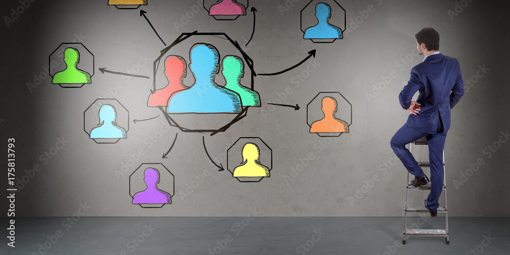 Aufkleber businessman watching social network sketch on a wall 3d rendering