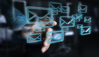 Businessman holding and touching floating emails 3D rendering