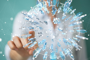 Businesswoman holding and touching 3D rendering group of blue people