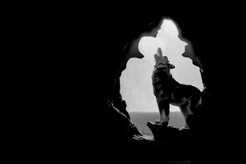 wolf howls at night to the moon at the entrance of the cave. the dog wolf silhouette. night master of the forest.