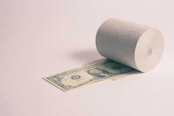Paper dollar bill wrapped in a roll of toilet paper on a lilac or pink background.