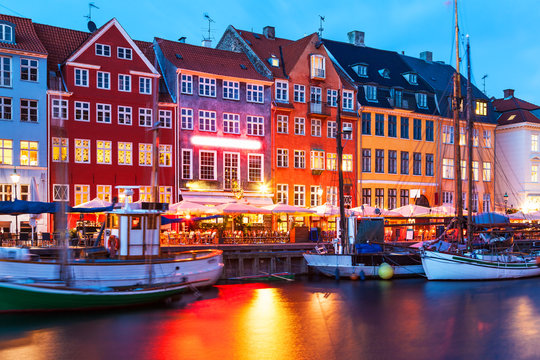 Evening scenery of Nyhavn in Copenhagen, Denmark