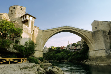 The Old Bridge on  river Neretva, Mostar, Bosnia and Herzegovina.