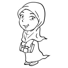 Cartoon Smiley Muslim Girl Holding book-Vector drawn