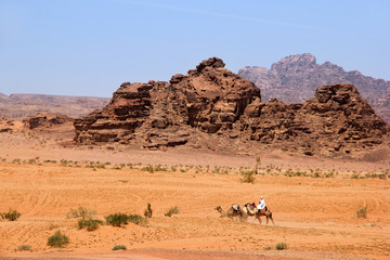 Desert of Wadi Rum with camel riders, Jordan