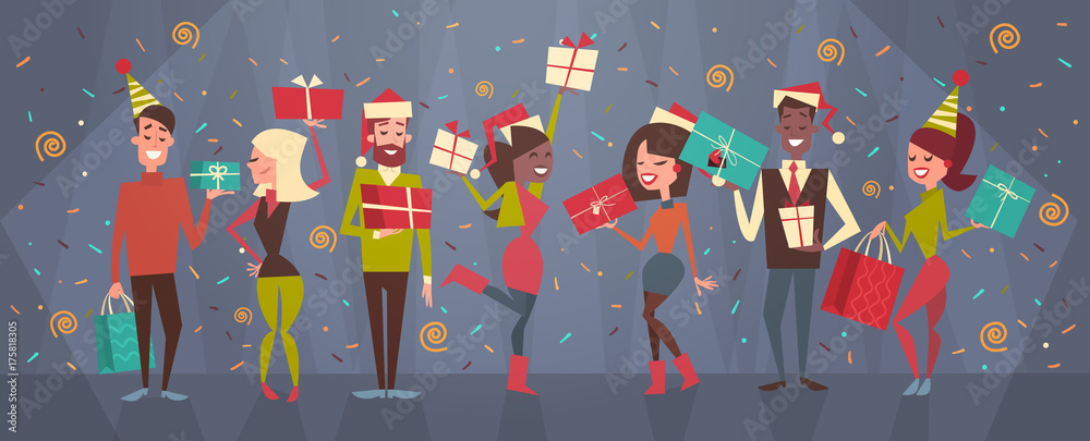 Poster People Celebrate Merry Christmas And Happy New Year Men And Women Wear Santa Hats Holiday Eve Party Concept Flat Vector Illustration