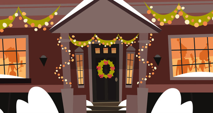 Decorated House Front Door With Wreath Winter Holidays Building, Merry Christmas And Happy New Year Concept Flat Vector Illustration