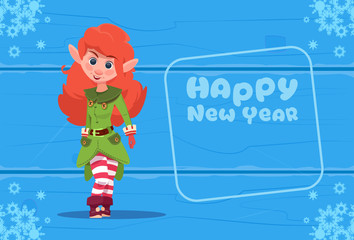 Cute Elf On Happy New Year Greeting Card Christmas Holiday Concept Flat Vector Illustration
