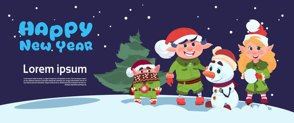 Obraz na płótnie Canvas Cute Elf On Happy New Year Greeting Card Merry Christmas Holiday Concept Flat Vector Illustration