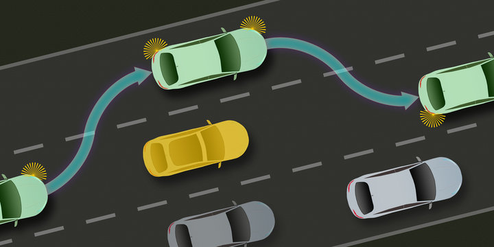 adi45 AutonomousDrivingIllustration - autonomous car and self-driving vehicle - driver assistance system - automatic overtaking assistant - 2to1 g5573
