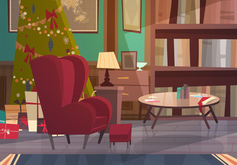 Empty Armchair Near Decorated Pine Tree , Home Interior Decoration For Christmas And New Year Holidays Concept Flat Vector Illustration