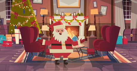 Santa Claus In Living Room Decorated For Christmas And New Year At Armchair Near Pine Tree And Fireplace, Home Interior Decoration Winter Holidays Concept Flat Vector Illustration