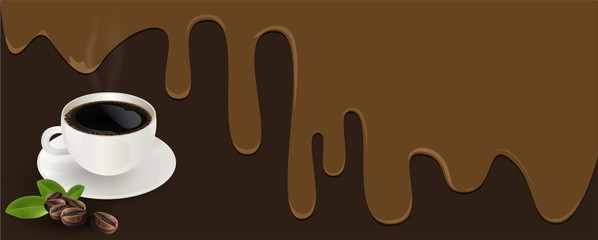 Cup of black coffee and coffee bean on brown background, flowing coffee and copy space for text. vector illustration.