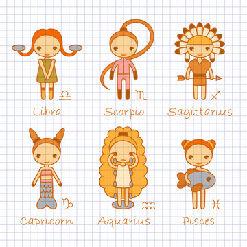 vector color hand drawing zodiac signs Libra, Scorpio, Sagittarius, Capricorn, Aquarius, Pisces