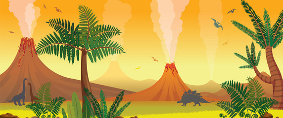 Prehistoric nature landscape - volcanoes, dinosaurs, fern. - 175821151