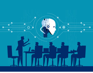 Corporate business people meeting for robot technology. Concept business discussion vector illustration. Flat design style.