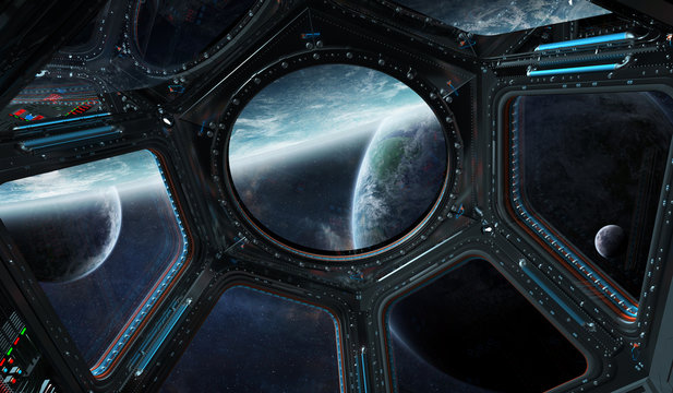 View of outer space from a space station window 3D rendering elements of this image furnished by NASA