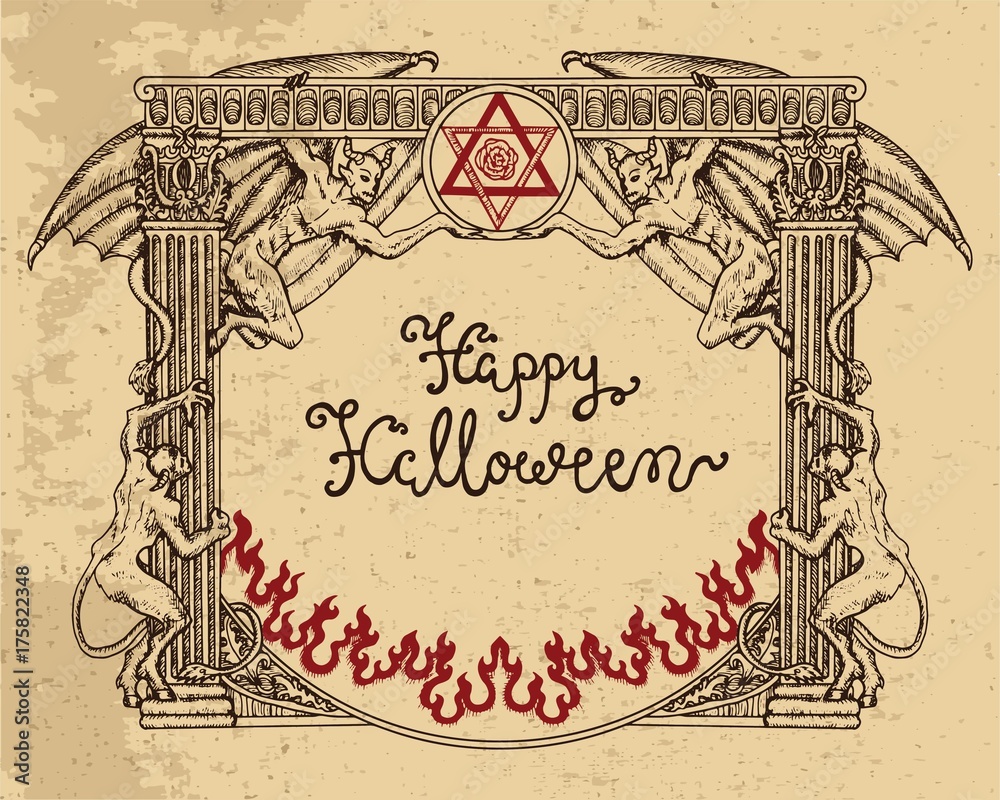 Wall mural halloween frame with demons, gothic symbols and lettering