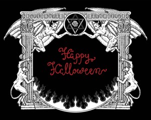 Fototapeta premium Halloween gothic frame with demons on black background.