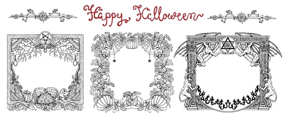 Naklejka premium Hand drawn set with halloween frames and lettering on white