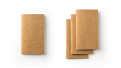 Business concept - Top view collection of spiral kraft notebook on white background desk for mockup