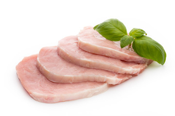 Fresh raw beef steak isolated on white background, top view.