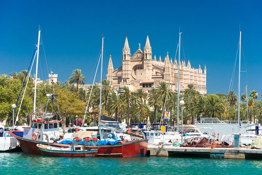 View of Palma de Mallorca with Cathedral La Seu and the fishing port - 9325