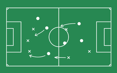 Flat green field with soccer game strategy. Vector illustration.