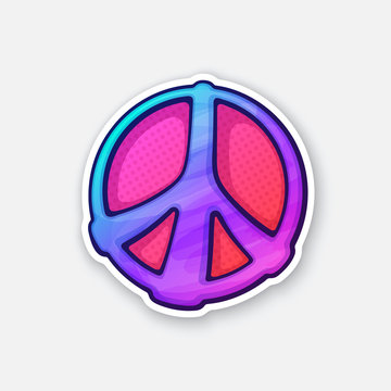 Vector illustration.  Sticker of hippies colorful symbol of peace. Sticker in cartoon style with contour. Sign of pacifism and freedom. Isolated on white background