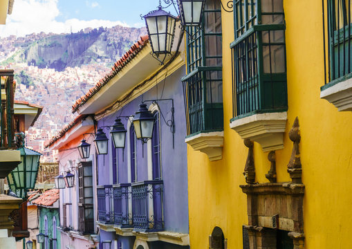 View on colorful colonial buildings in La Paz Bolivia