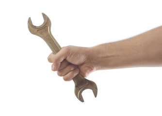 hand holding wrench tool isolated on white