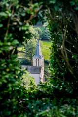 Vue sur l'église Sainte-Marie-Madeleine de Belcastel à travers les buissons