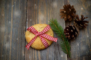 Christmas cookies on a wooden background. Flat lay