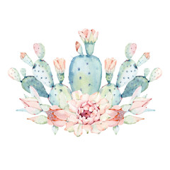 Hand drawn watercolor saguaro cactuses