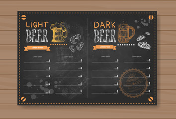 Beer Menu Set Design For Restaurant Cafe Pub Chalked On Wooden Textured Background Vector Illustration