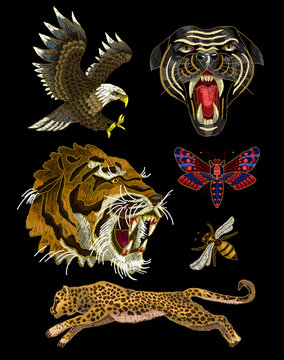 Tiger, bee, butterfly, eagle, leopard and panther embroidery patches for textile design.