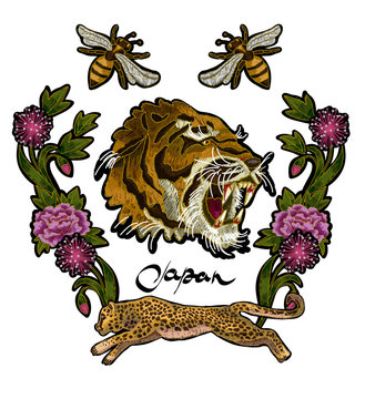 Tiger, bee, leopard and peony flowers embroidery patches for textile design.