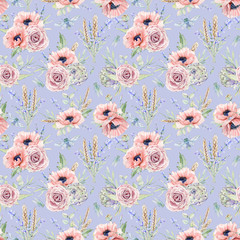 Watercolor seamless pattern with flowers.
