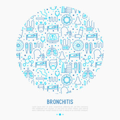 Bronchitis concept in circle with thin line icons of symptoms and treatments: headache, alveolus, inhaler, nebulizer, stethoscope, thermometer, x-ray, bed rest. Vector illustration.
