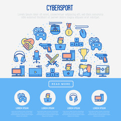 Cybersport concept in half circle with thin line icons: gamer, computer games, pc, headset, mouse, game controller. Modern vector illustration for banner, web page, print media.