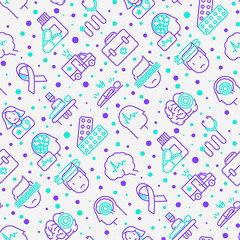 Epilepsy seamless pattern with thin line icons of symptoms and treatments: convulsion, disorder, dizziness, brain scan. World epilepsy day. Vector illustration for banner, web page, print media.