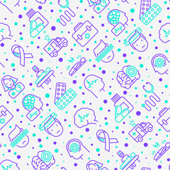 Epilepsy seamless pattern with thin line icons of symptoms and treatments: convulsion, disorder, dizziness, brain scan. World epilepsy day. Vector illustration for banner, web page, print media.